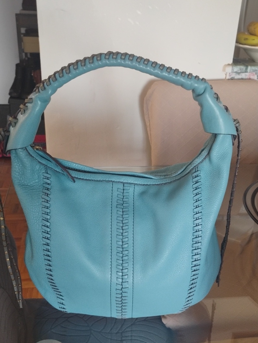 orYANY Blue Leather Woven-Trim Shoulder Hobo
